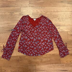 Lucky Brand Red Multicolored Floral Long-Sleeve Top - Balloon Sleeves - Size S